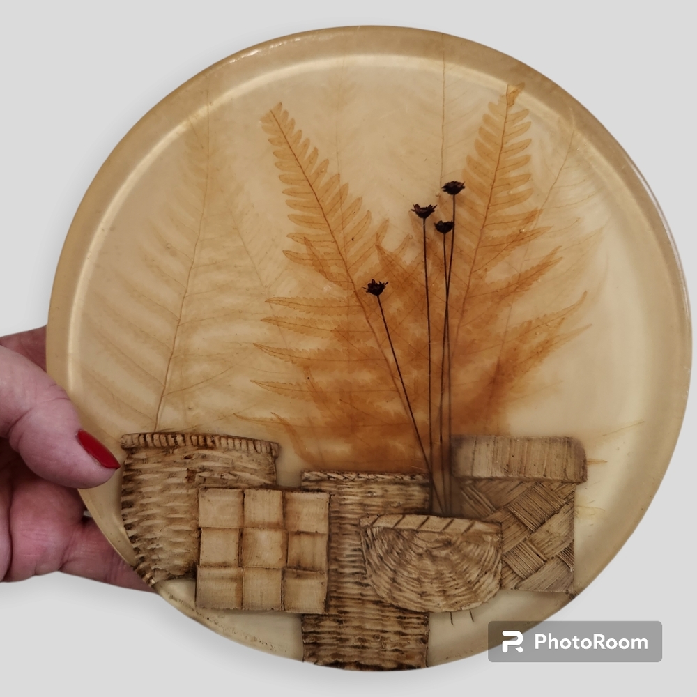 Vintage 1970's Trivet Acrylic/Lucite  Woven Baskets Dried Wheat Hot Pad